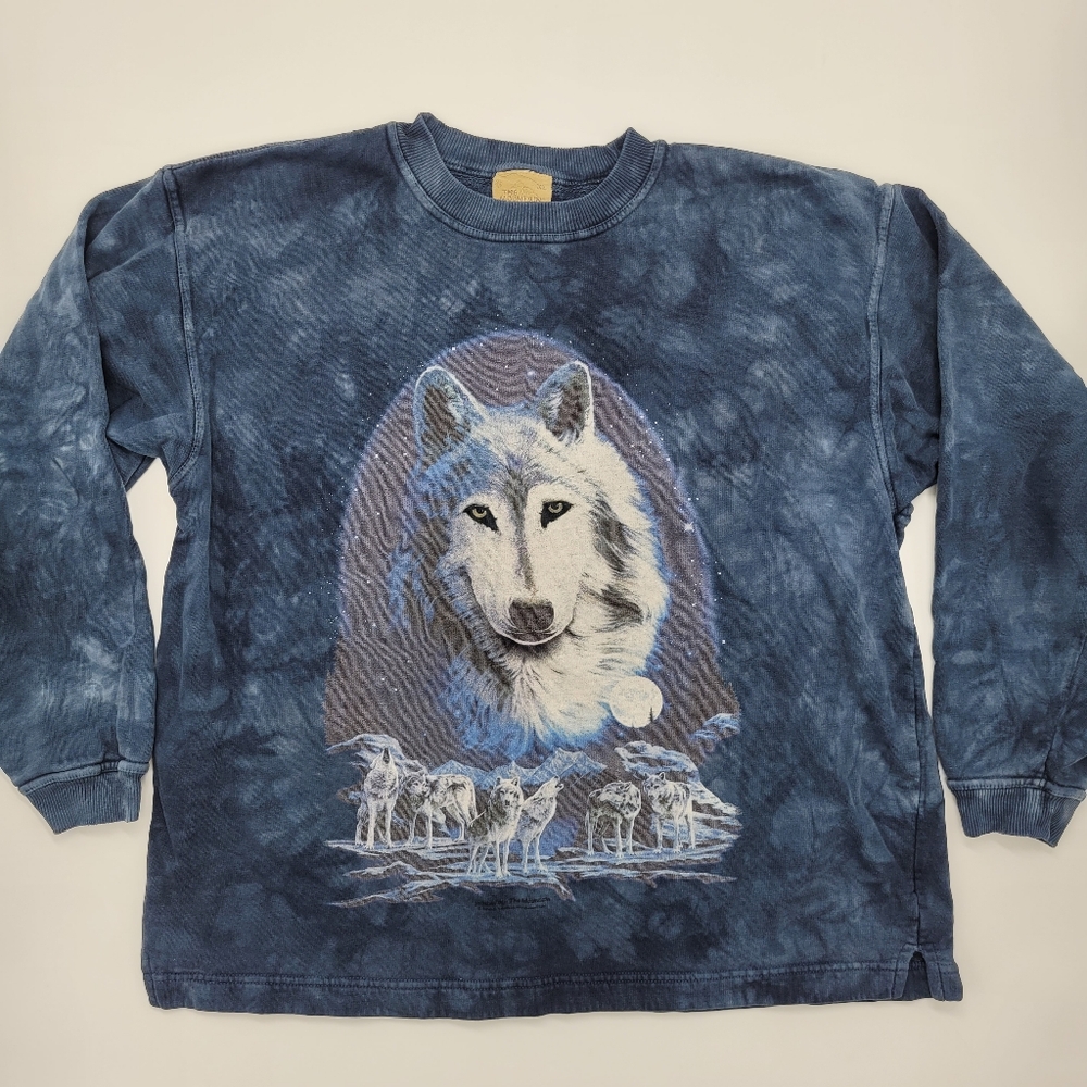The Mountain Sweatshirt Blue Wolf Pack Graphic Vintage 90s Mineral Wash Size XL
